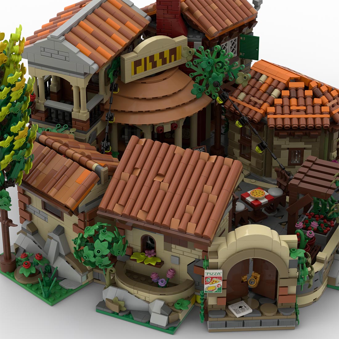 mediterranean pizza restaurant building set, courtyard & wine cellar