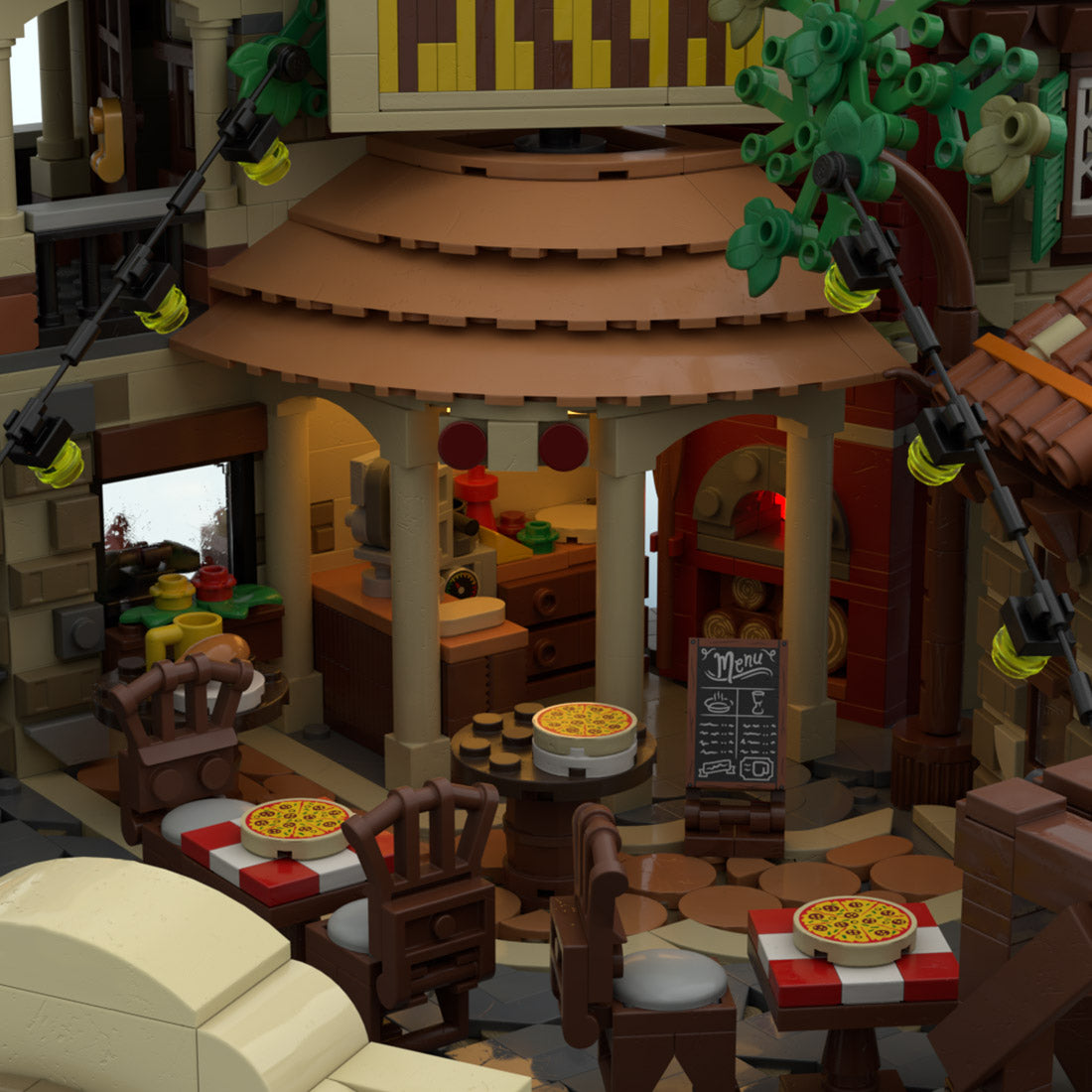 mediterranean restaurant building blocks, terrace pizzeria street scene