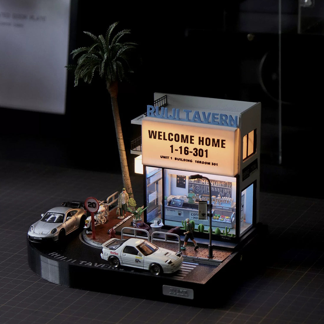 miniature city corner coffee shop diorama with led display base