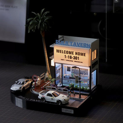 miniature city corner coffee shop diorama with led display base
