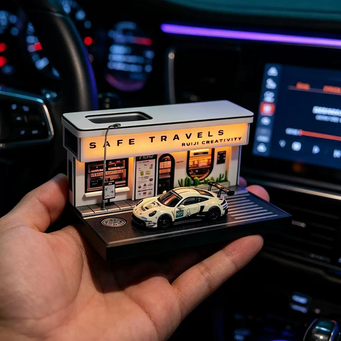 miniature coffee shop building diorama with solar powered led display base for 1/64 diecast cars