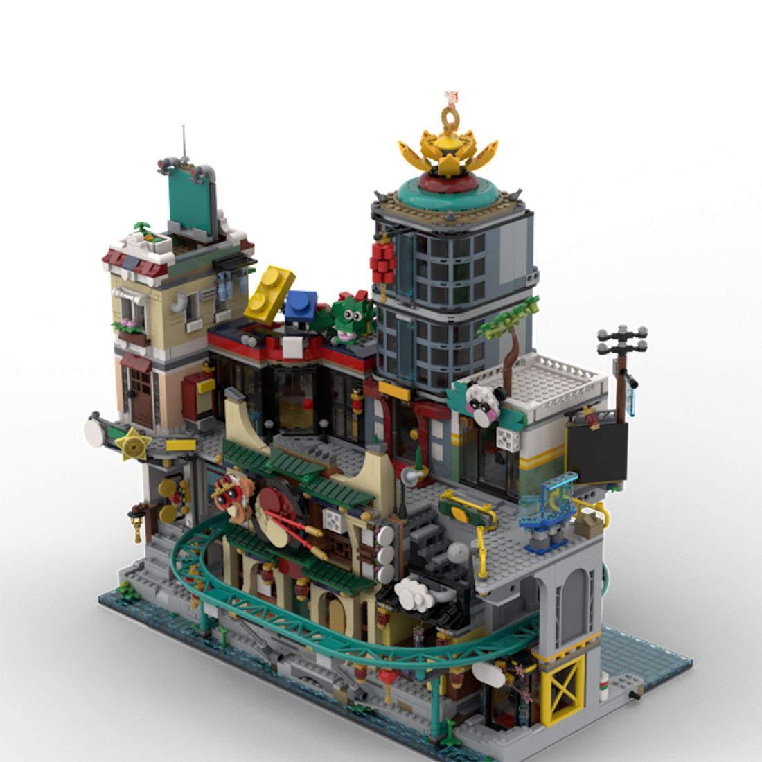 moc-154224 multi-level east asian urban town building blocks set with shops