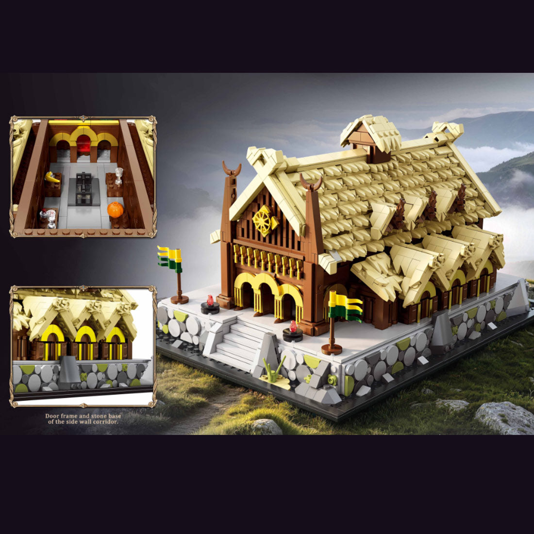 nordic architecture building blocks set, medieval tribal hall model with stone platform (2321pcs)