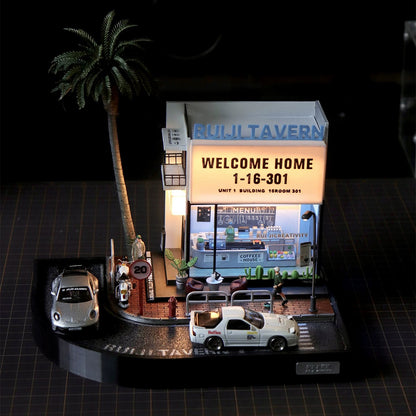 realistic 1/64 coffee shop diorama with led lighting and city details