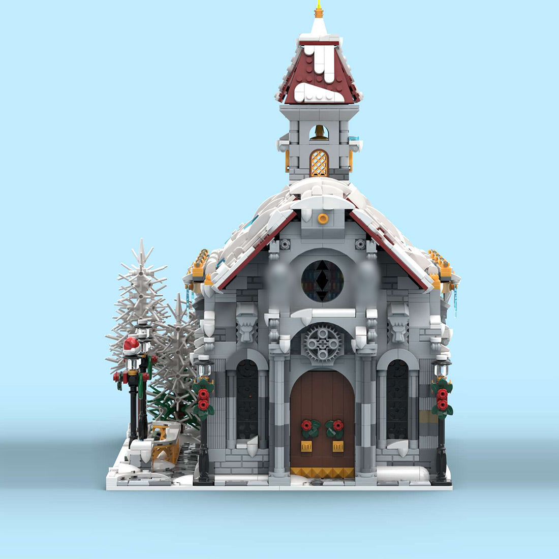 snowy winter village church building block set holiday architectural display