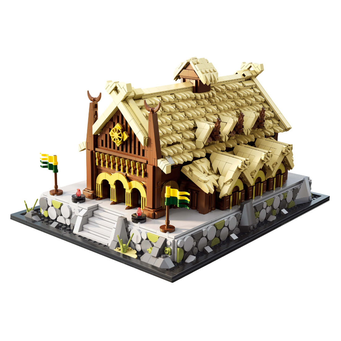 viking great hall building blocks, nordic medieval architecture building set with thatched roof