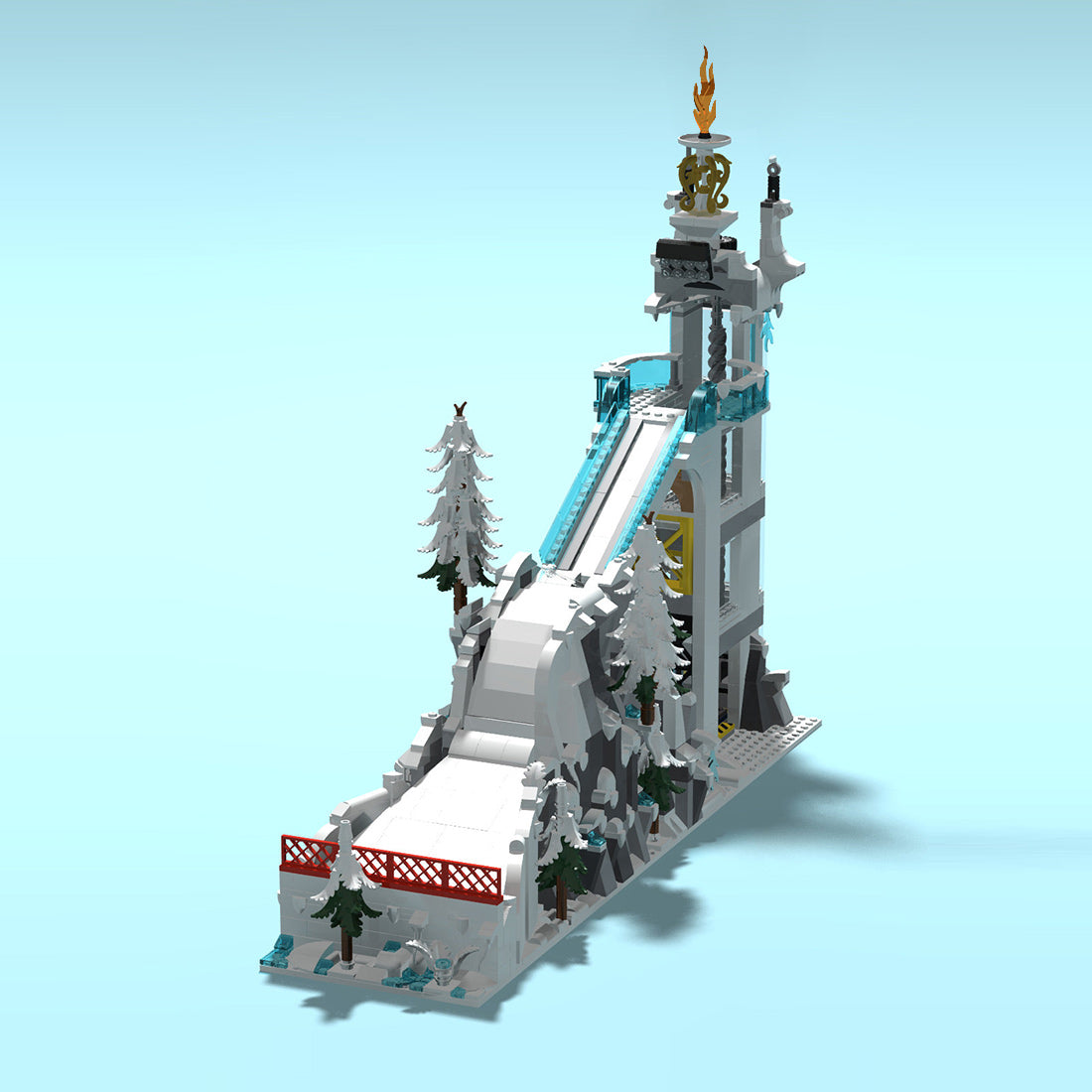 winter sports mountain building blocks set with ski jump tower snow scenery